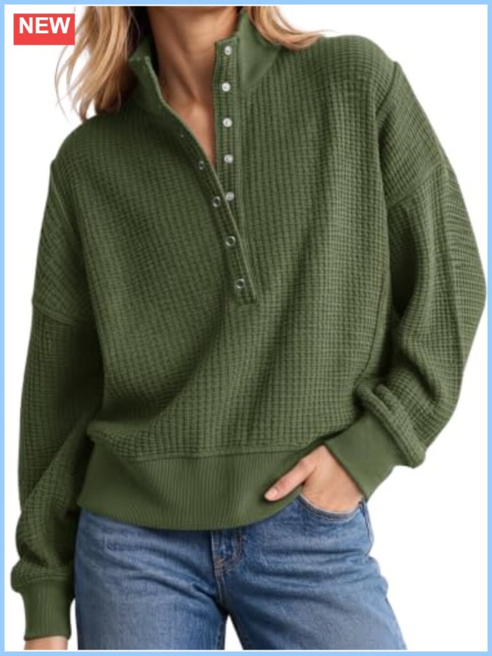 Oversized Waffle Knit Henley Sweatshirt Snap Button Loose Fit Pullover Top